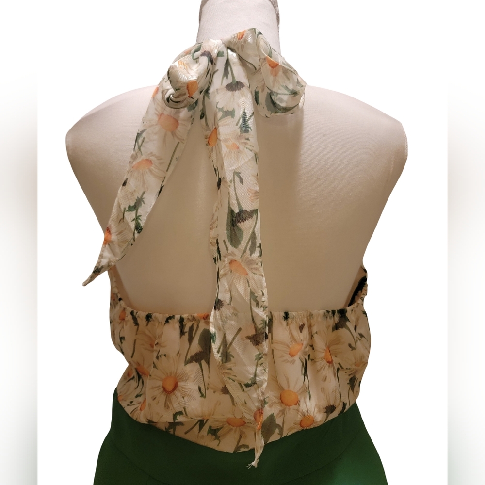 60s/70s Vintage Inspired Retro Stage Size 2XL Green Floral Halter Midi Dress - Picture 7 of 10